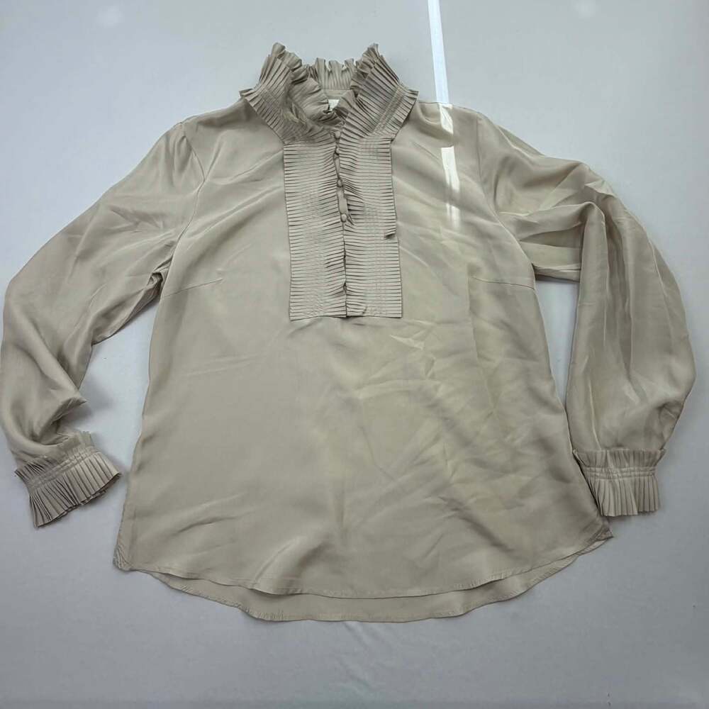Soft Surroundings Beige Silk Pleated Ruffle Tuxedo Blouse